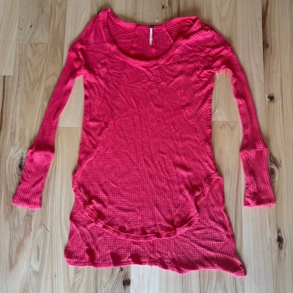 Free People Coral Poppy Red Drippy Ventura Waffle Knit Thermal Top Size XS - Picture 4 of 11